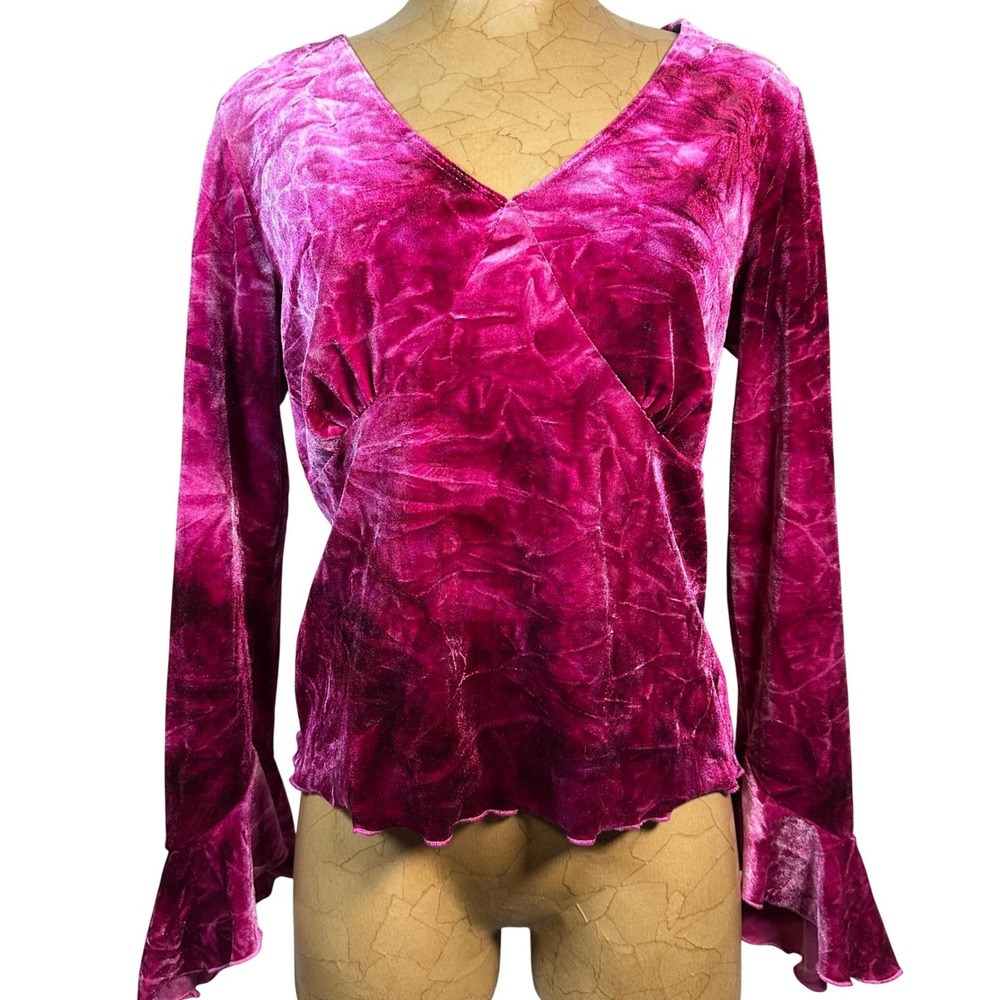 Y2K Baby doll Celestial Pink Whimsigoth Crushed Velvet Bell Sleeve V-Neck Top